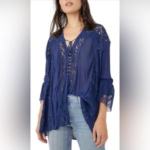 Free People Georgia Eyelash Lace Tunic Top Navy Peony, Size XS